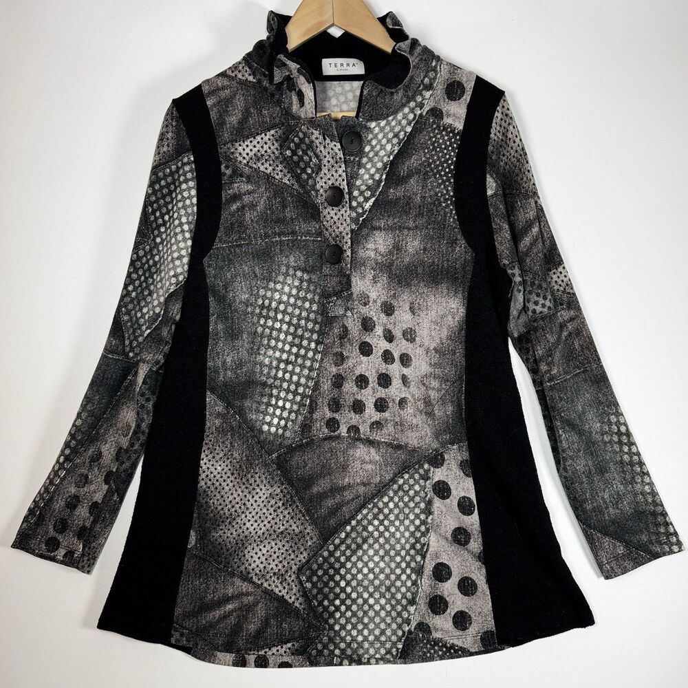 Terra‎ by SJ Apparel Womens Small Tunic Top Gray Black Dot Patchwork Print